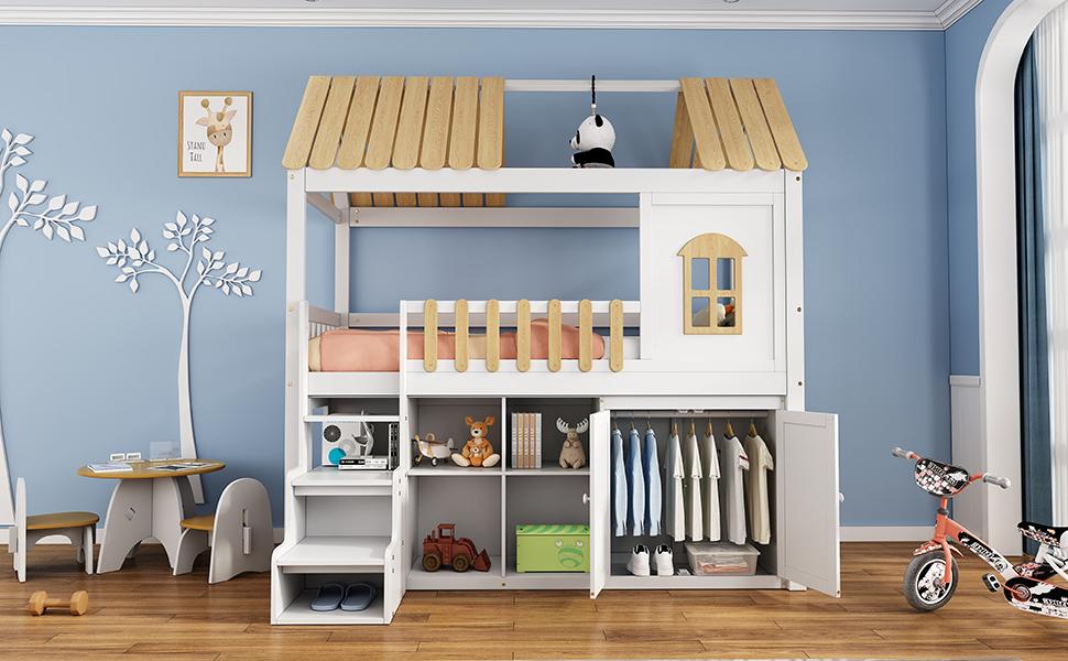 Paturi supraetajate, Spațiu de depozitare generos, Dulap, Fereastră, Cadru din pin, Dulap pentru pantofi, Trepte, Design minimalist, Balustradă stabilă, Alb+Natural, 90x200cm