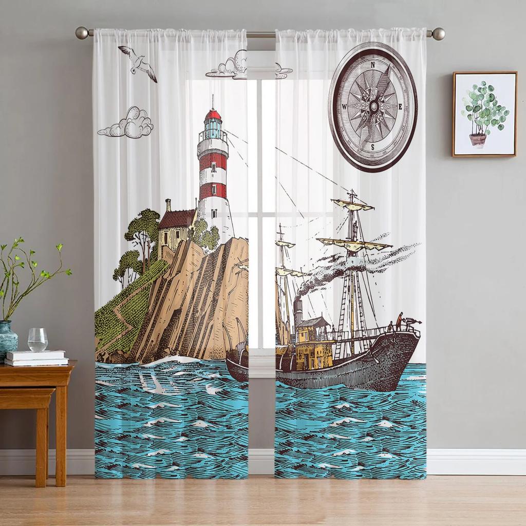 Nautical Octopus Retro Tulle Curtains For Living Room Sheer Curtain For Bedroom Kitchen Blinds Voile Curtains