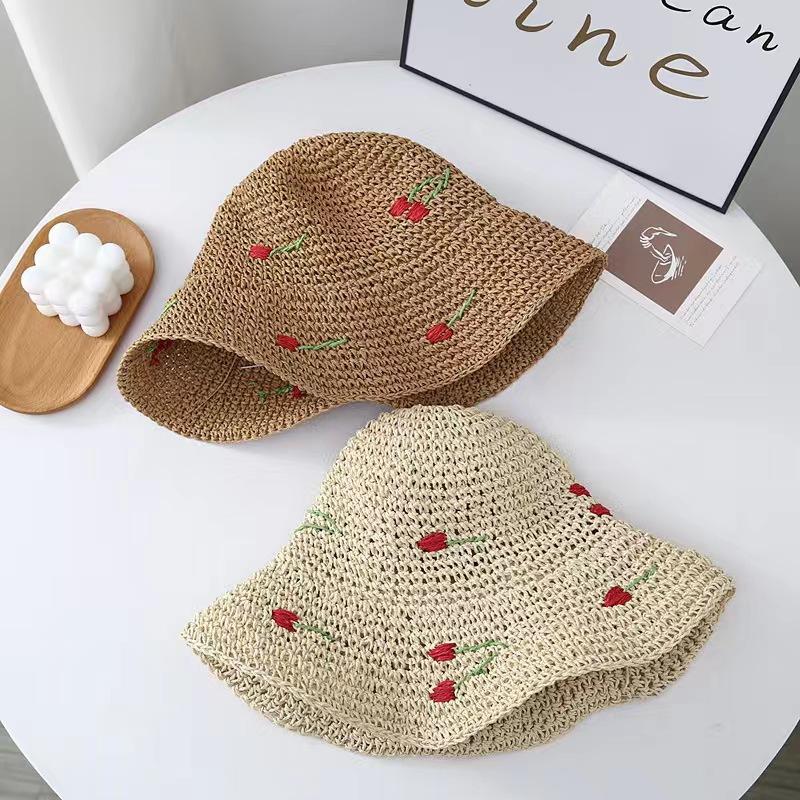 Summer hat cherry visor female hollow straw hat ultraviolet big brim face protection sun bucket hat beach