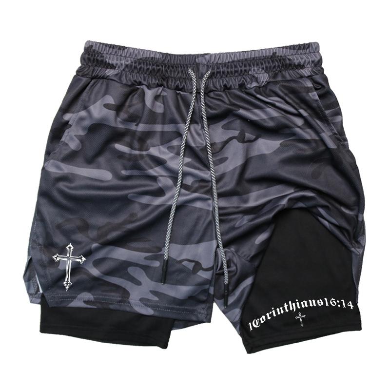 MDHAO xin nan zhuang  3D txu Kruisprint 2-in-1 Trainings- en Hardloopshorts voor Mannen Christelijk Atletisch Ademende Prestatieshorts met Telefoonvakje Handdoeklus L