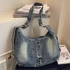New Large Capacity Bag Washed Denim Bag Rivet American Trend Shoulder Bag Commuter Crossbody Bag
