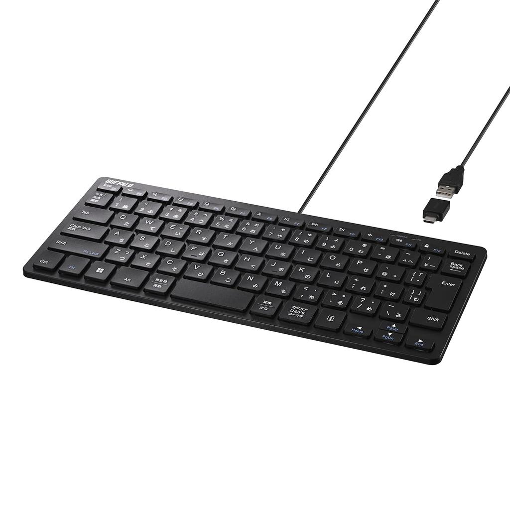 Buffalo Wired Mini Keyboard, Type-AType-C Dual Compatible, with Type-C Adapter, Scissors, Japanese, Black, BSKBUC315BK