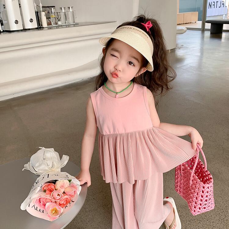 Summer 2023 Girls' Fashionable Casual Two-Piece Set: Vest Dress & Wide-Leg Pants