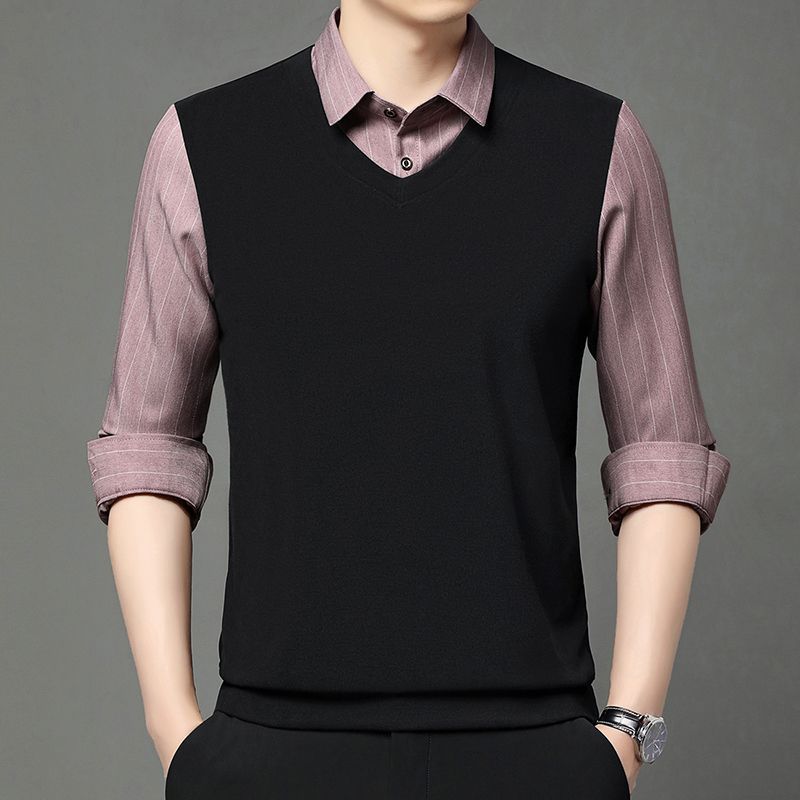 

Fake Two Pieces Men Polo Shirts Turn-down Collar Striped Patchwork Business Casual Thermal Long Sleeve Comfortable Knitted Tops L красный