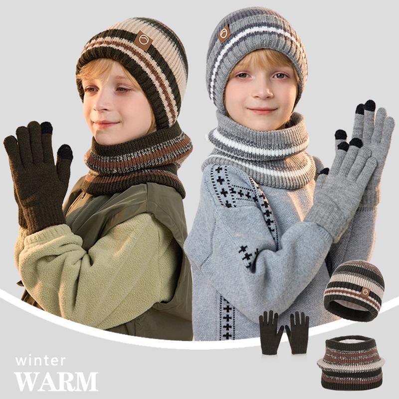 Children's Hat Gloves Scarf Set Winter Outdoor Cold-Proof Warm Knitted Wool Hat Velvet Ear Protection Hat