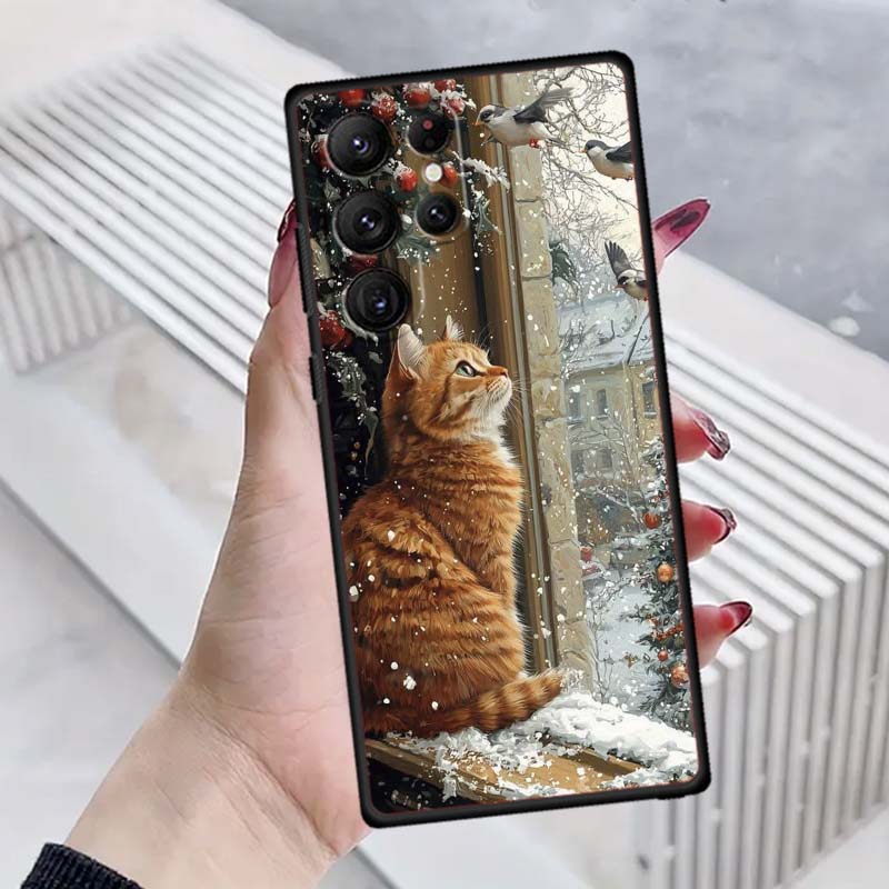 Cute cartoon cat illustration Phone Case For Samsung Galaxy S26 S25 S24 S23 S22 S21 S20 Ultra Plus FE 5G Black Soft TPU