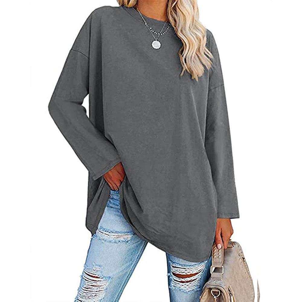 T-shirt Taglia Grande Monocolore, Top Casual a Maniche Lunghe Girocollo Primavera e Autunno, Abbigliamento Taglia Grande da Donna