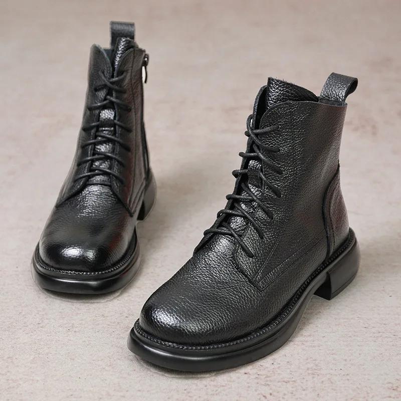 Fashion Spring Lady Ankle Booties Genuine Cow Leather Platform Shoes For Women Winter Youth Girls Soft Sole Thick Heel Knight Snow Boots