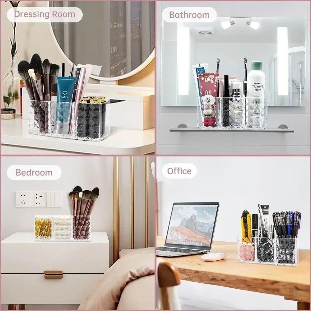 Boîte de rangement cosmétique transparente en acrylique à trois compartiments Motif diamant Boîte de rangement pour stylos de maquillage et crayons à sourcils Porte-stylo de bureau