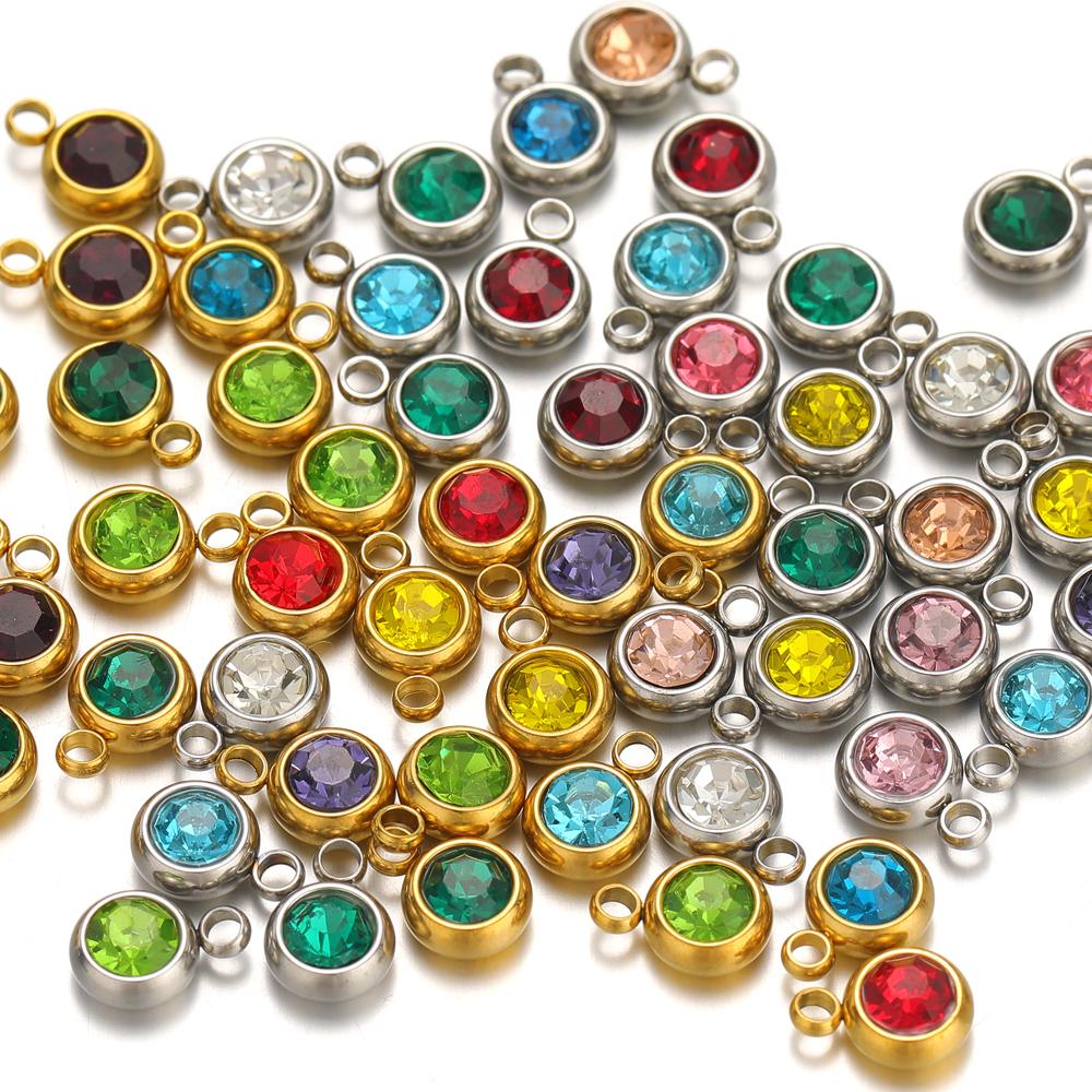 20pcs Stainless Steel 6mm Zircon 12 Months Birthstone Charms Beads for DIY Jewelry Necklace Bracelet Findings Earrings Making