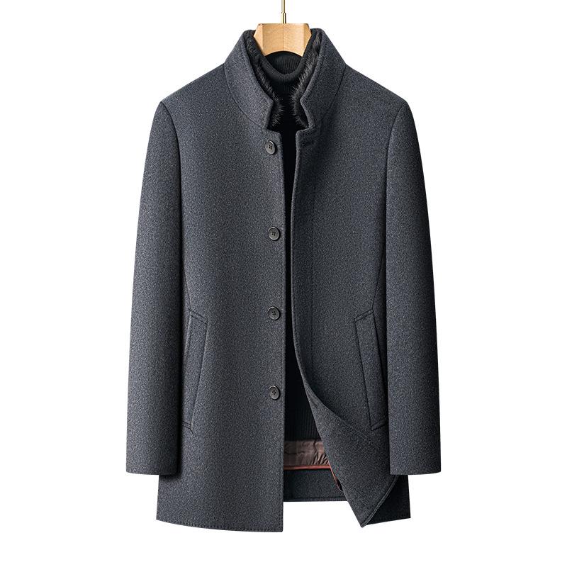 Men's Winter Woolen Coat with Mink Fur Collar and Duck Down Liner