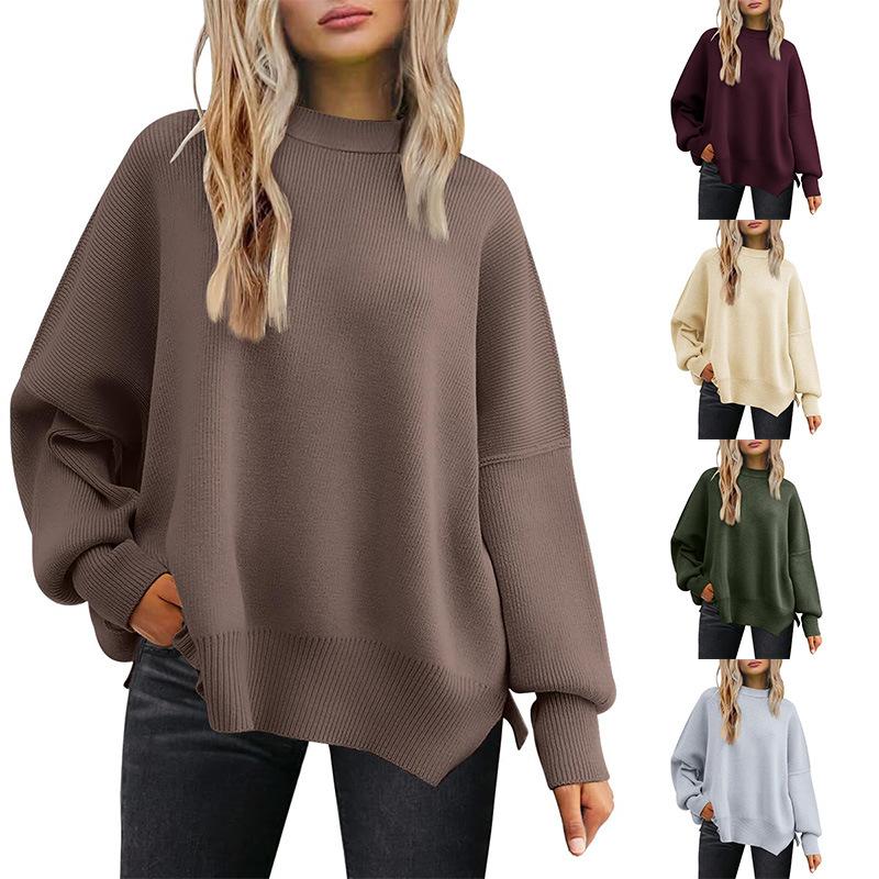 Women's Round Neck Batwing Sleeve Long Sleeved Ribbed Knit Sweater with Side Slit Pullover Luxurious Relaxed-fit Slimming and Versatile Top