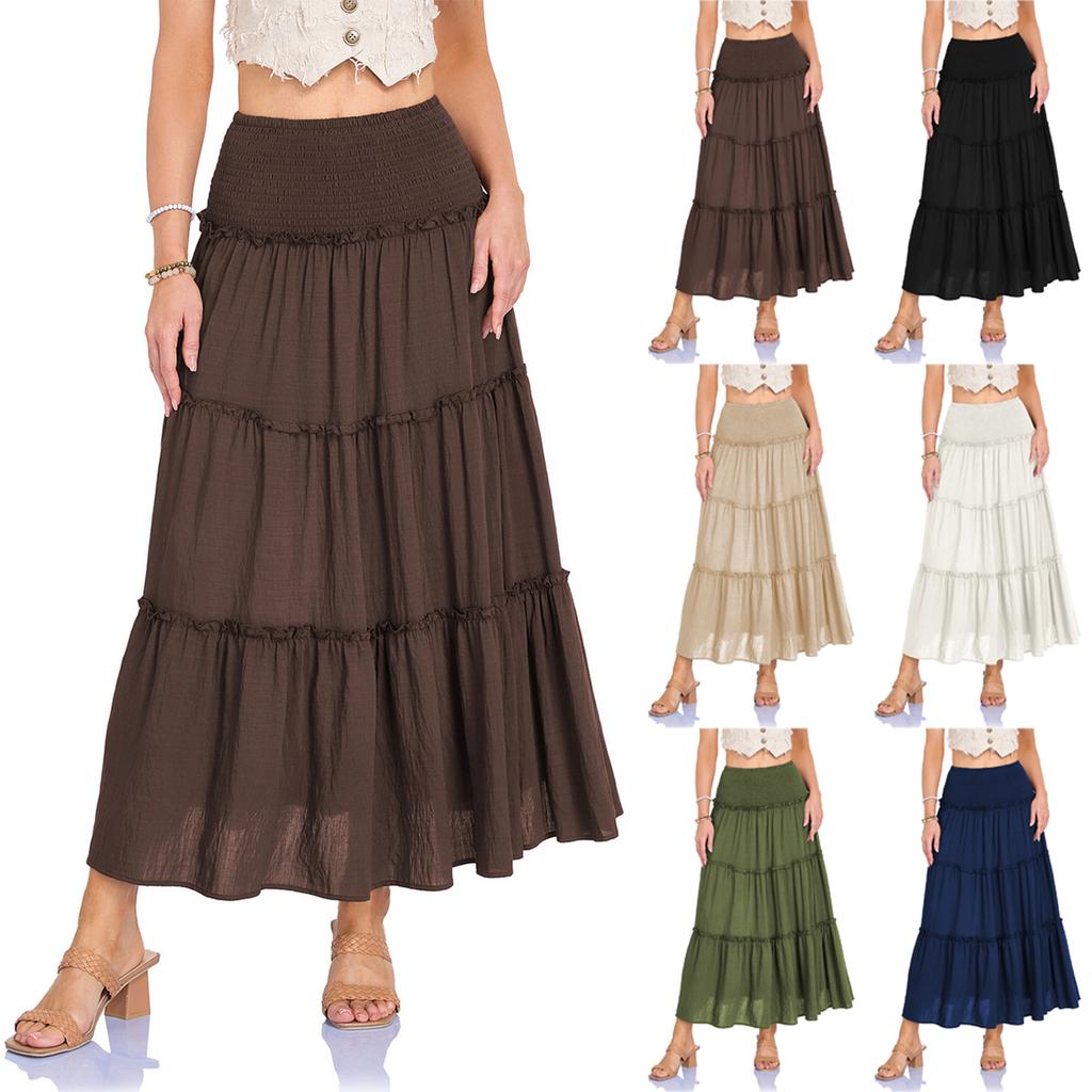 Women's Fashion  Pleated Floral Print Elastic Waist  Loose Splicing A Line Pocket Skirt