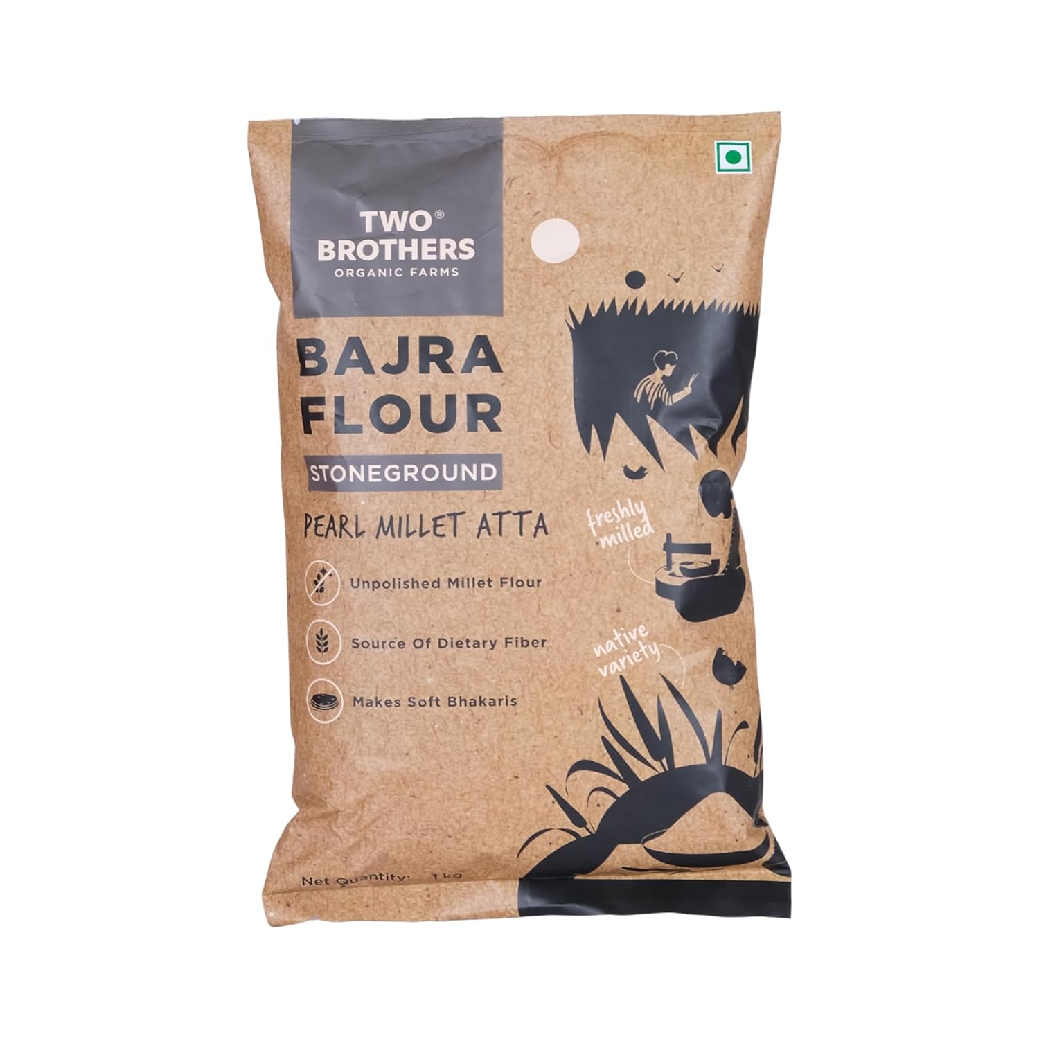 Two Brothers Organic Farms Bajra Atta 1kg Stone Ground Gluten Free Pearl Millet Flour for Healthy Fiber Rotis Pack of 1