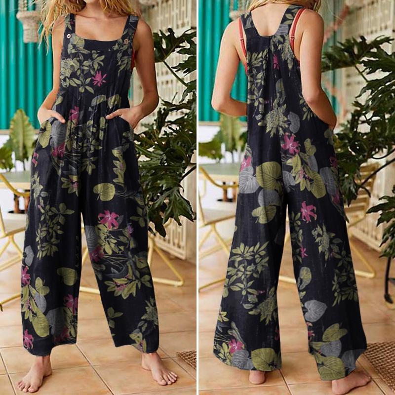 Women Sleeveless Floral Printed Jumpsuit Rompers Wide Leg Bib Pants Long Trousers Suspenders Overalls Pantalon Femme