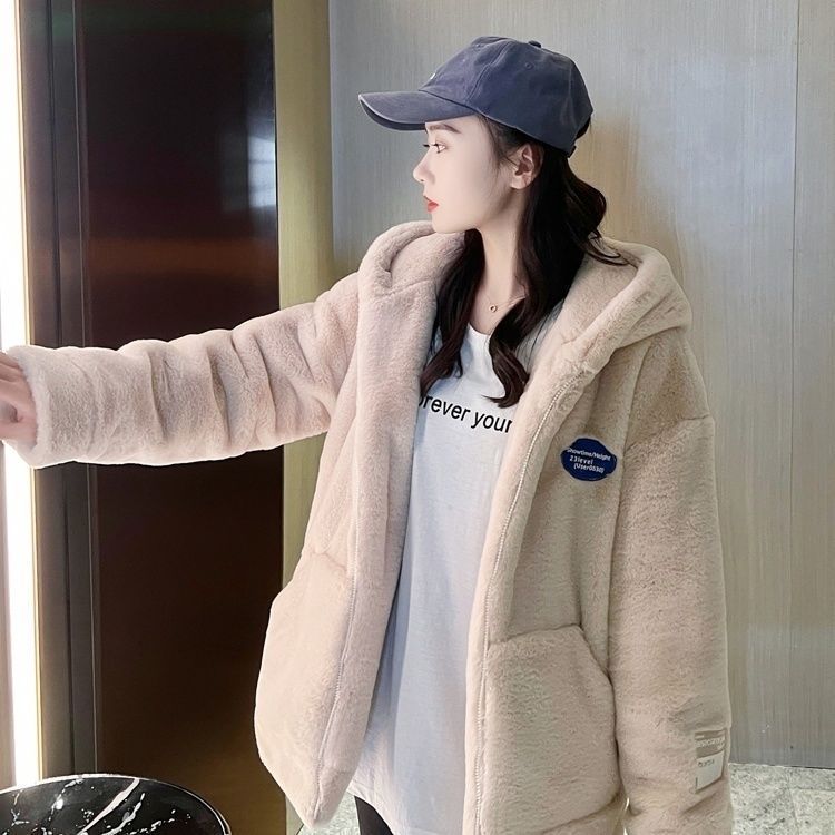 Autumn and winter new leather coat women's medium and long plush coat versatile loose thickened furry warm coat tide