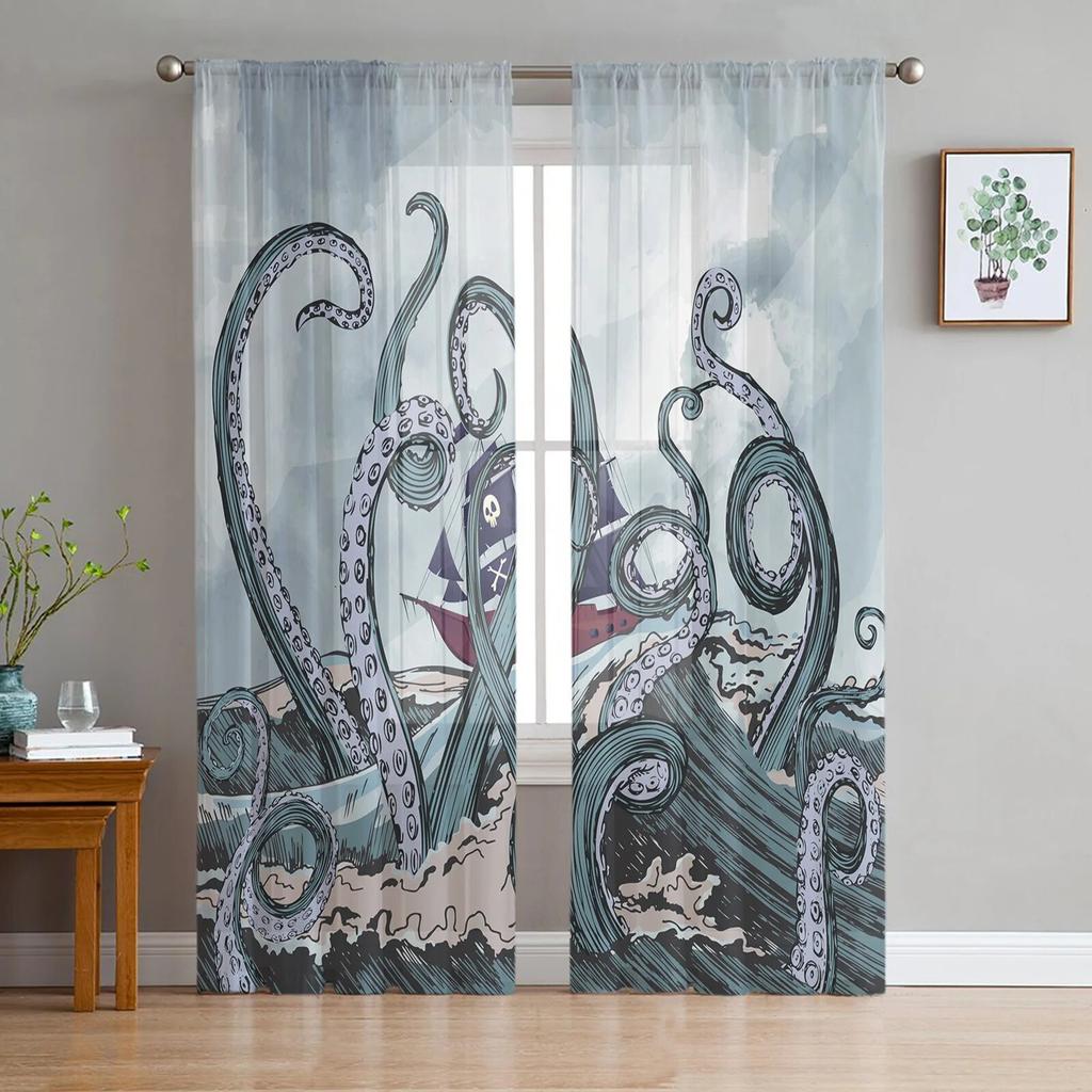 Sea Octopus Retro Cthulhu Sheer Curtains for Living Room Modern Voile Curtain Bedroom Tulle Curtains Window Drapes Decor