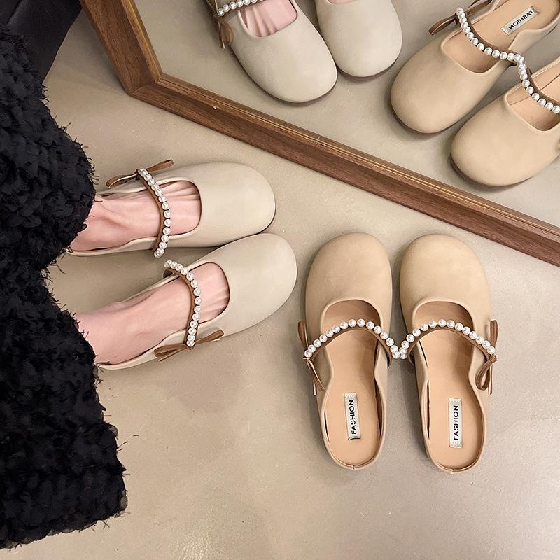 Single Shoes Soft Sole Head Night Bow Bag 2025 New Evening Wind Half Slippers Women's Summer Wear Flat Bottom Cool Slippers Half Tray