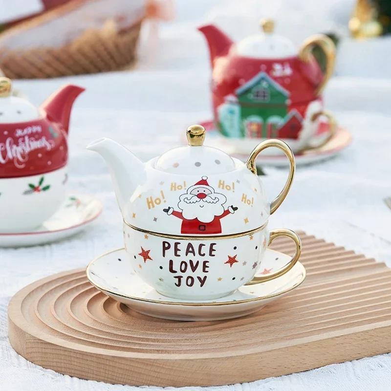 Christmas Theme Ceramic Teaware Set Teapot Tea Cup Xmas Party Afternoon Tea Mug Gold Plated Handle Coffee Cup &saucer Xmas Gift