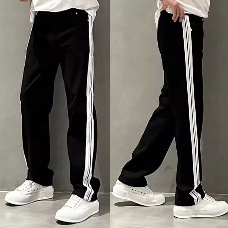 Men's Summer Wide-Leg Striped Stitching Casual White Jeans