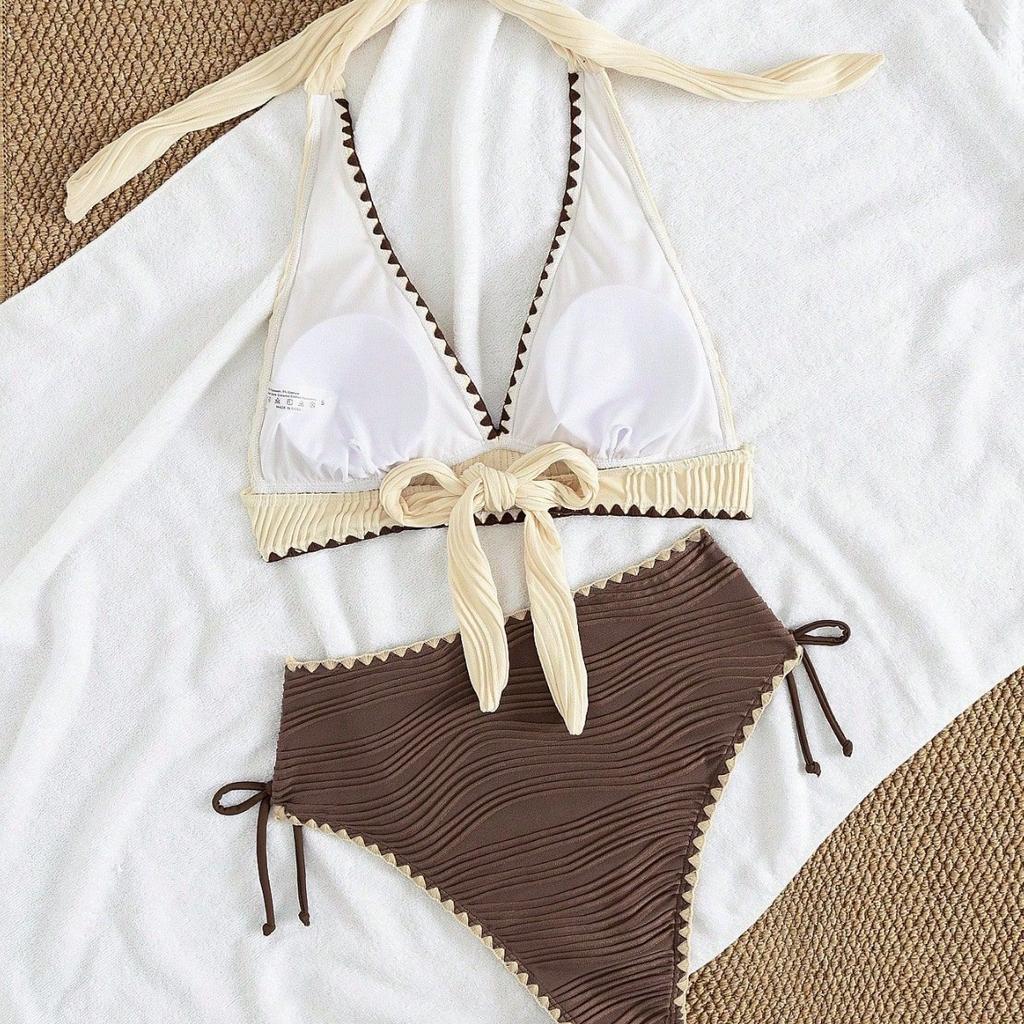 2026 New Halter Neck Bikini, Special Fabric Lace Trim Women Split Sexy Beach Swimwear