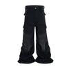 Mens Distressed Washed Cargo Jeans Loose Fit Wide Leg Detachable Pant Streetwear
