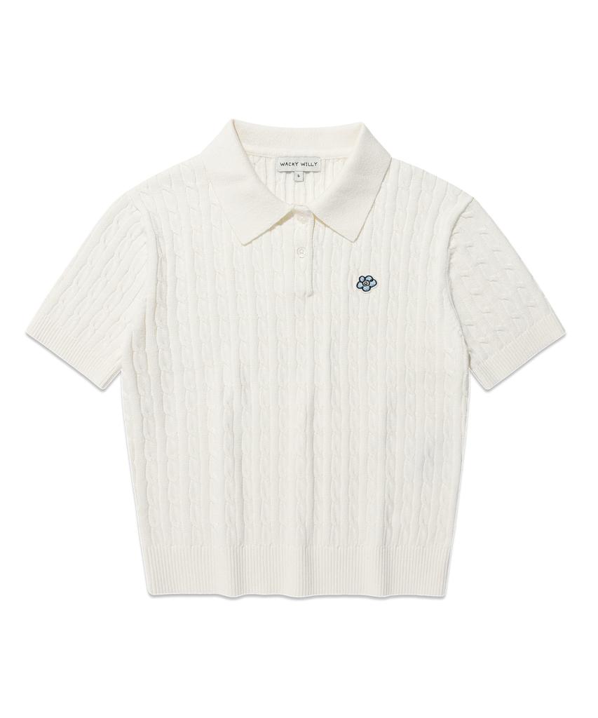 WACKY WILLY Women'S Cable Collar Short Sleeve Knit White
