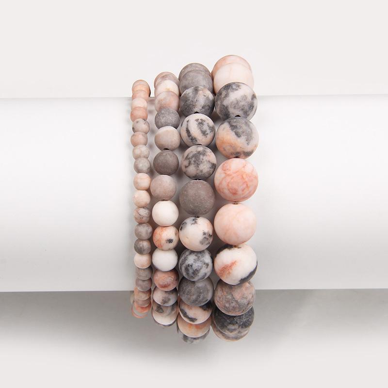 Natural Frosted Pink Zebra Mineral Stone Bracelets Handmade Matte Stone Bead Bracelet Women Men Yoga Meditation Jewelry Gift