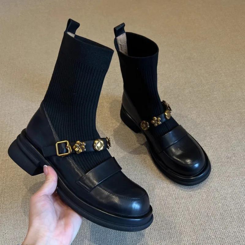 Fashion Elastic Knitted Short Boots Women's Round Toe Thick Bottom Metal Buckle Retro College Style Autumn Winter Fashion Casual Boots