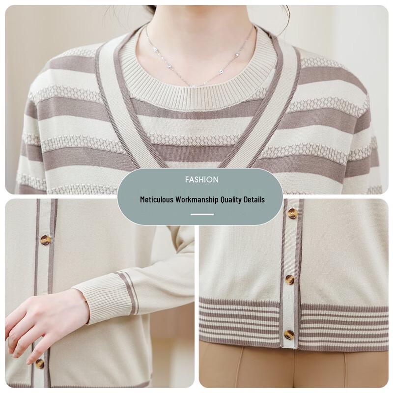 Hengyuanxiang Women's Striped Knit Cardigan & T-Shirt Set