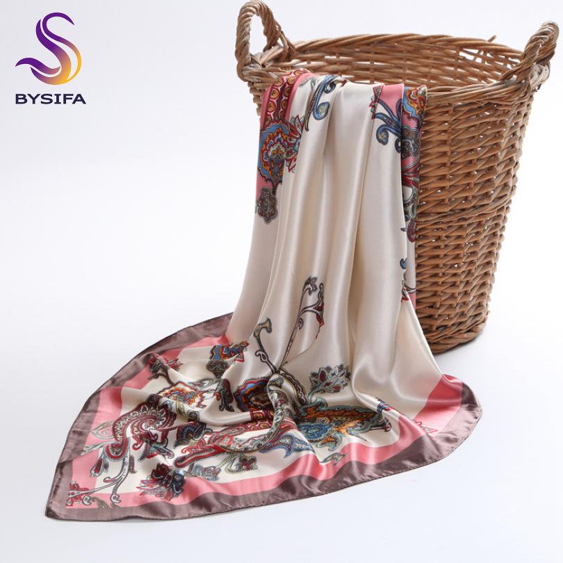[BYSIFA] Muslim Women Head Neck Scarf Shawl  Trendy Chinese Silk Square Satin Scarf 90*90cm Pink Coffee Roses Scarves Wraps