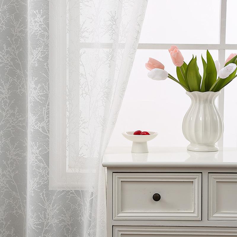 Chinese Simple White Background Branches Lace Curtains Living Room Kitchen Balcony Study Lace Semi-Blackout Decorative Curtains