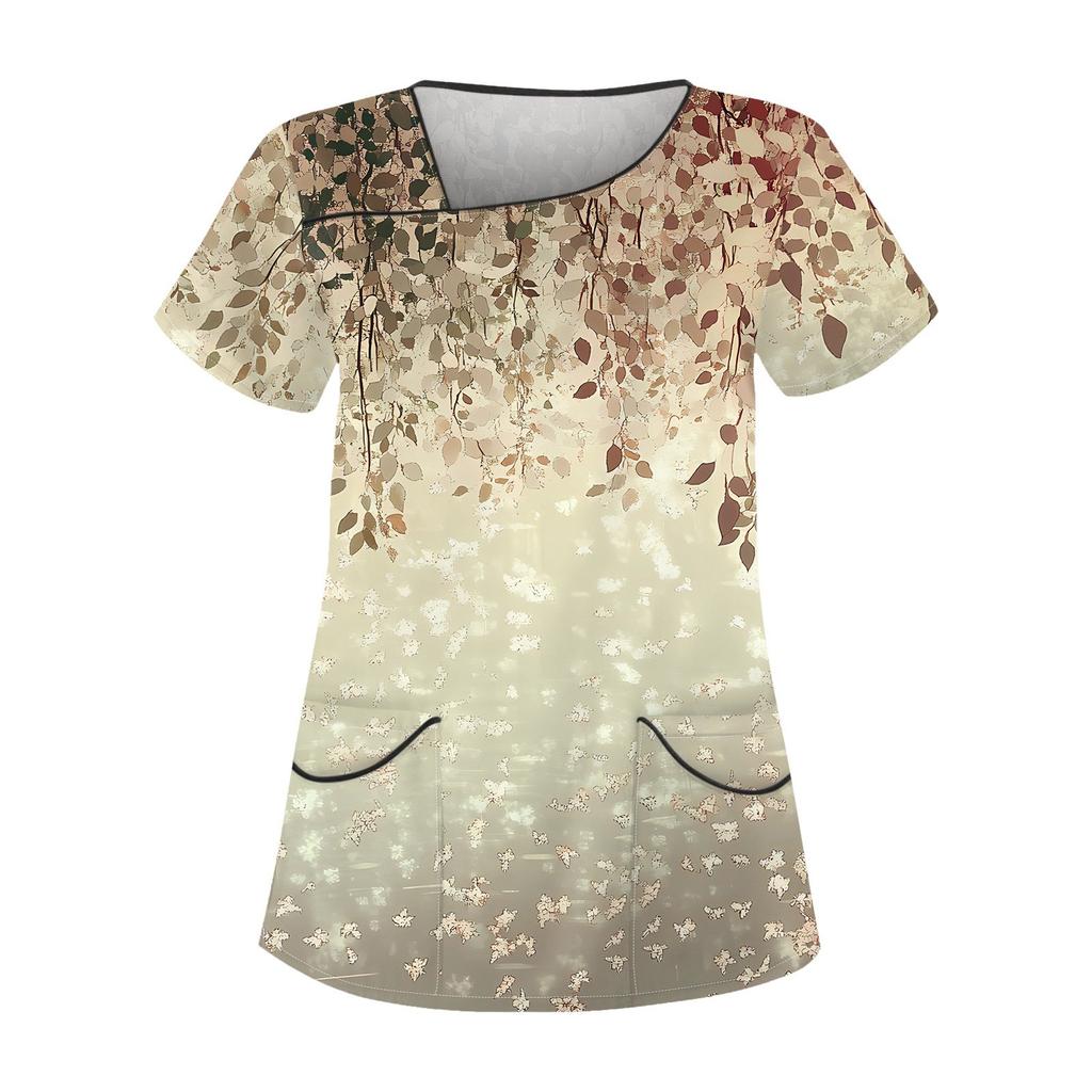 Women's Casual Print Short Sleeve Sloping Collar Workwear Top With Double Pockets