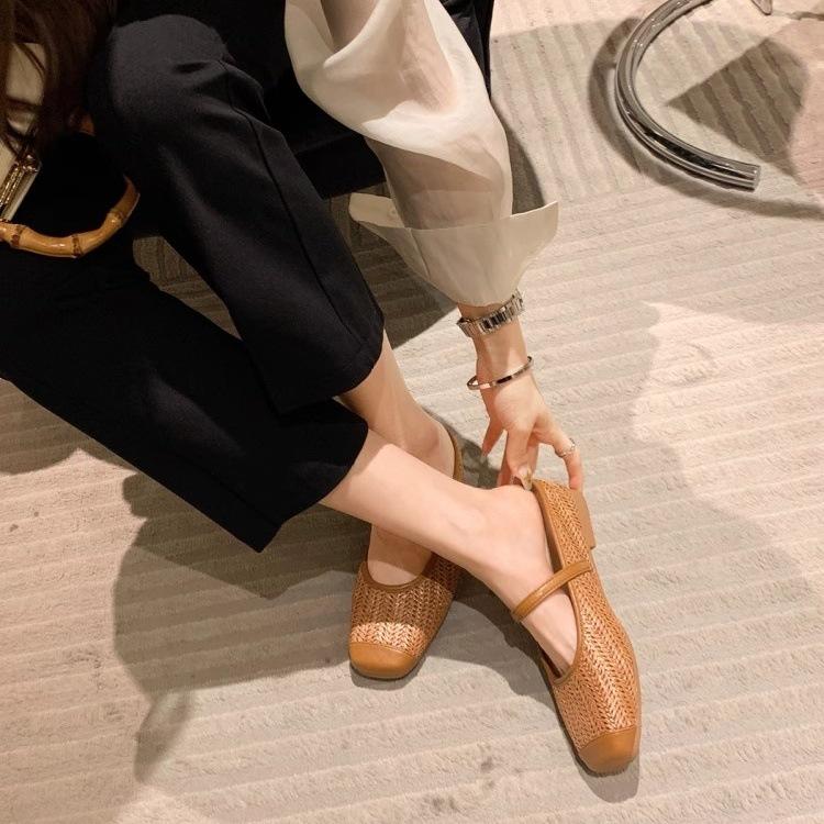 Sandali quadrati in paglia intrecciata stile vacanza Studiolee, mezzo zoccolo pigro, da donna, estivi
