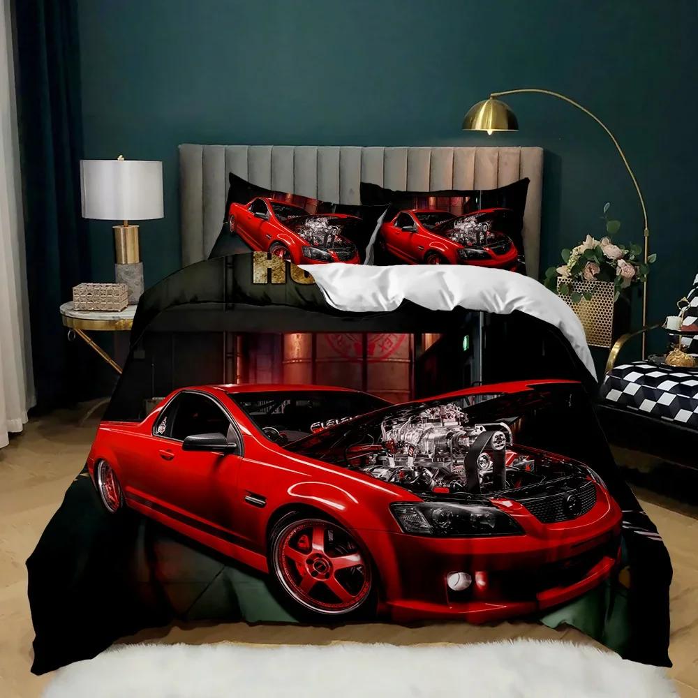 Race Car Bedding Set Twin Size Burning Red Flame Duvet Cover Set 3D Sports Car Comforter Cover King 2/3Pcs Polyester Quilt Cover