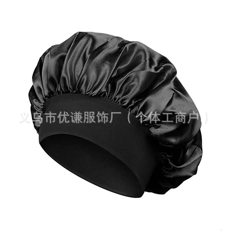 Women s wide-brimmed high-elastic headband, nightcap, shower cap, women s chemotherapy cap, beauty hair care hat, satin nightcap. (Black,Adjustable) чёрный