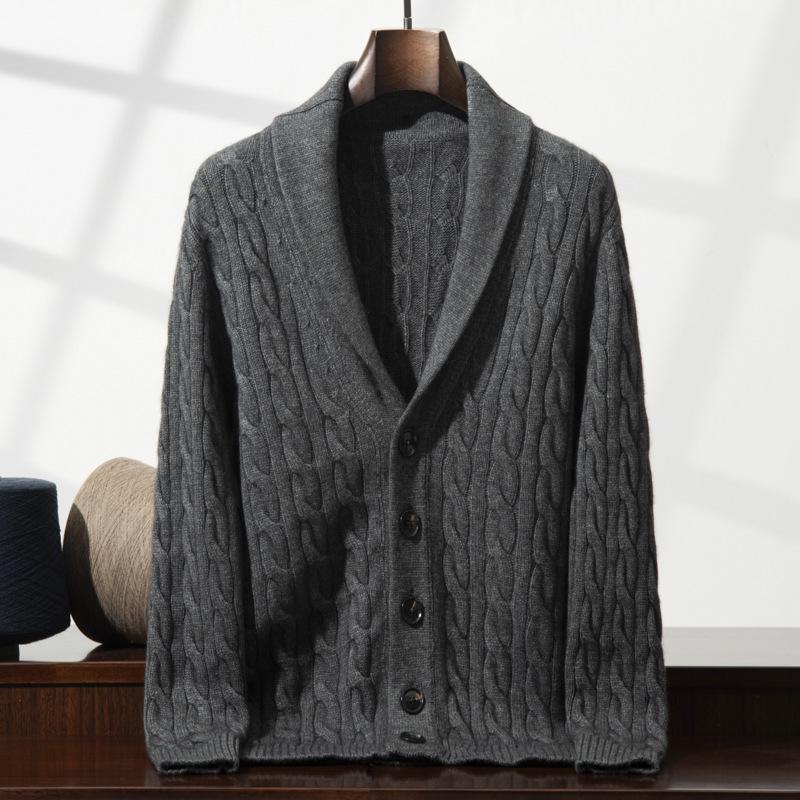 Men's Soft Cashmere Cardigan: Skin-Friendly, Thick Cable Knit, Shawl Collar Sweater.
