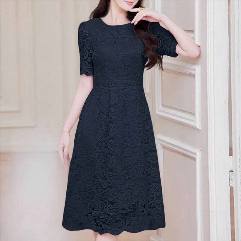 

ZANZEA Женское элегантное повседневное платье с кружевной отделкой, с круглым вырезом и рукавом до локтя 2XL темно-синий