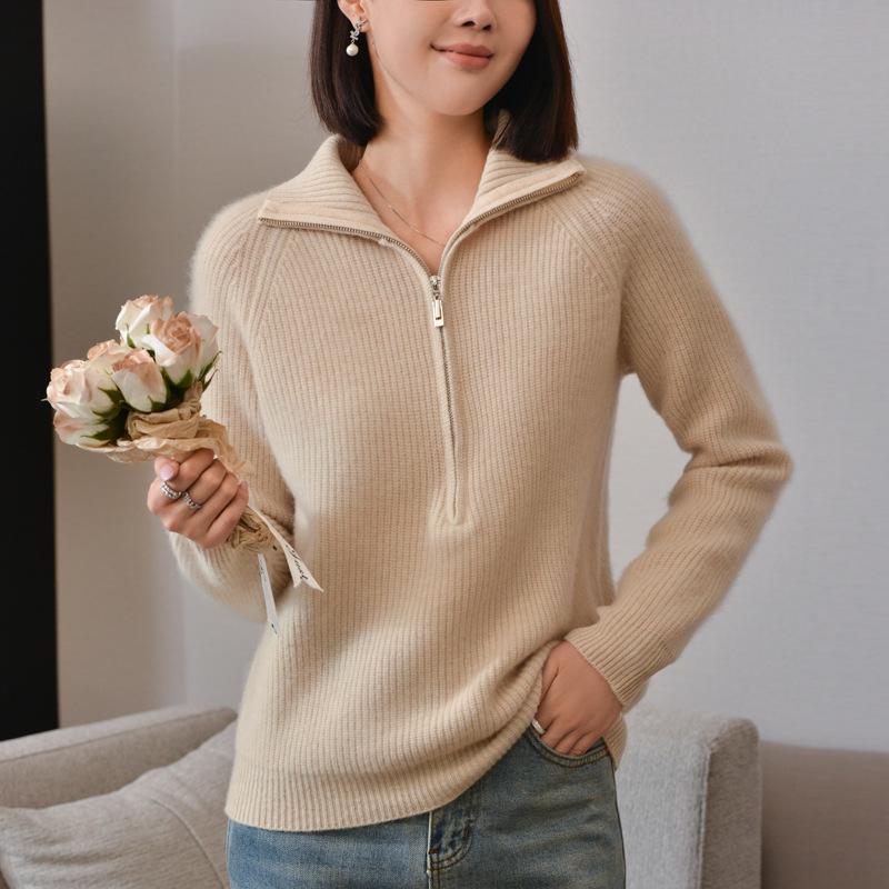 Women's Versatile Wool Half-Zip Stand Collar Sweater - Long Sleeve Knitwear for Autumn and Winter