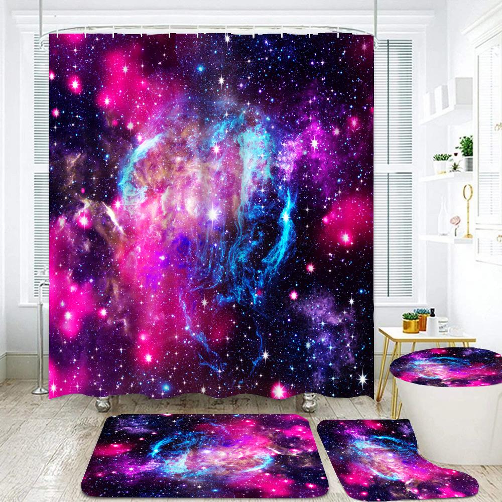 Cosmic Starry Sky Bathroom Curtains Set Universe Galaxy Space Shower Curtain Set Bath Mat Rugs Toilet Lid Cover Home Decor