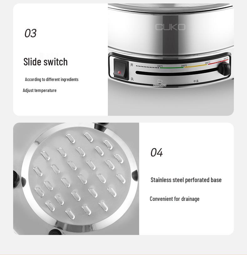 Sartén Eléctrica Multifunción y Plancha CUKO con Tapa de Acero Inoxidable