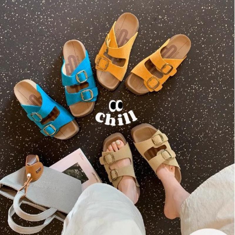 

Genuine leather cowhide double buckle with thick bottom lazy person pedaling cool slippers to increase height 35 хакі