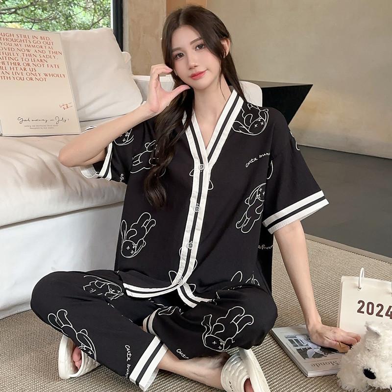 Summer short-sleeved bubble cotton yarn pleated pajamas female Internet celebrities popular trousers loungewear set