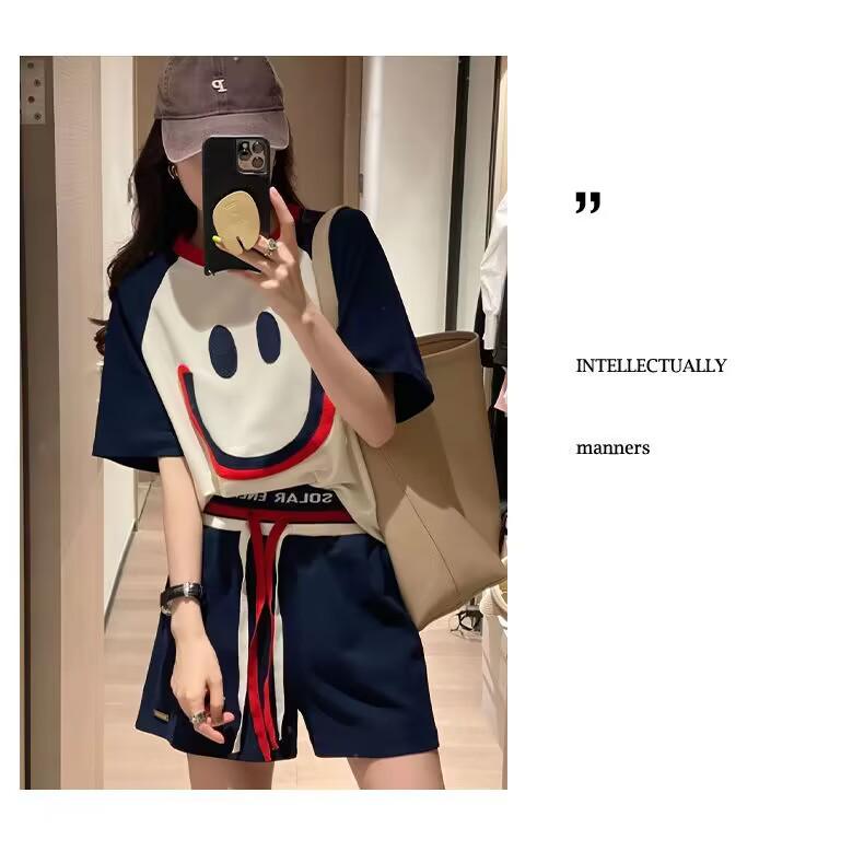 Women's Plus Size Smiley Face Embroidered Sports Suits - Summer Loose Casual Short-Sleeved Shorts Two-Piece Set, Trendy Style