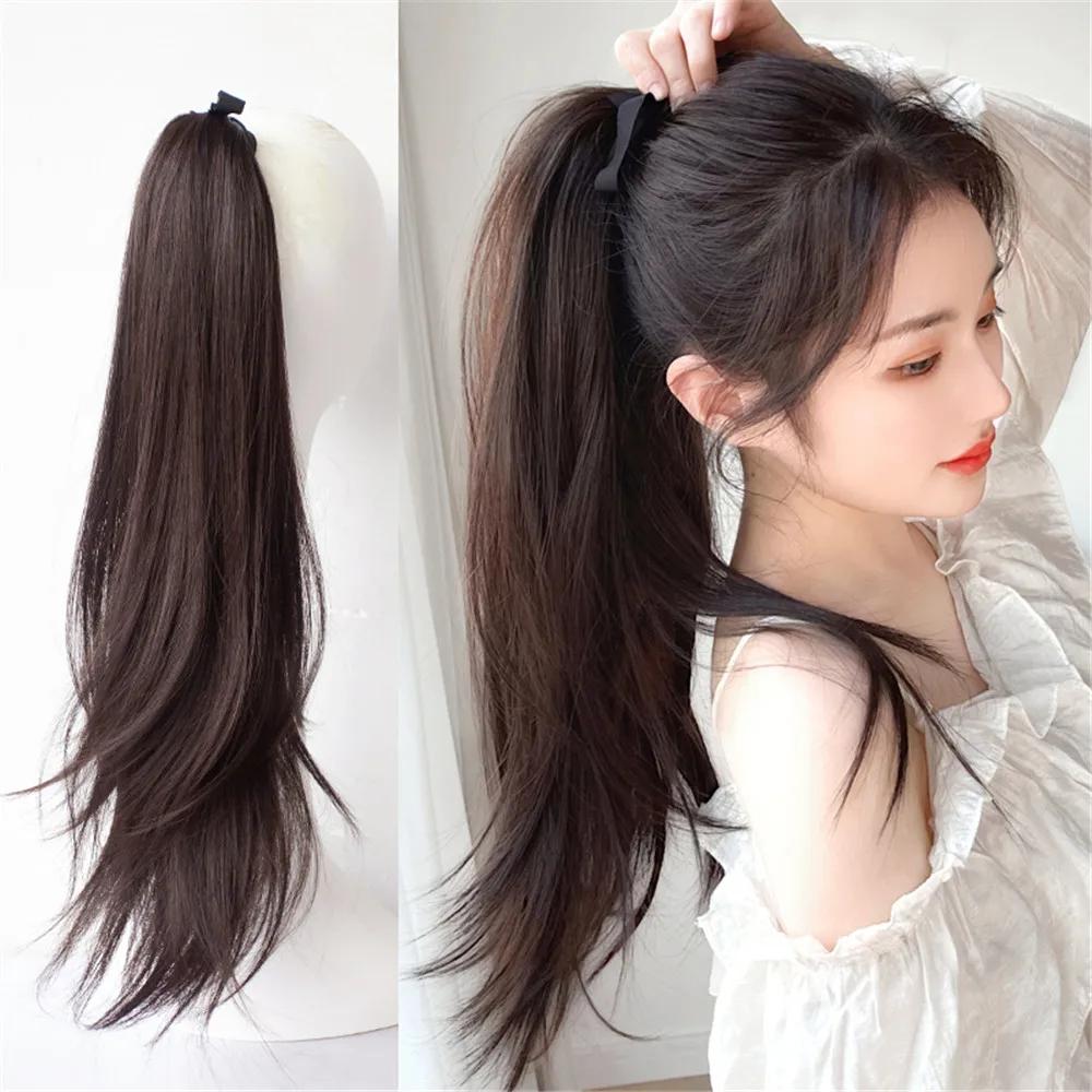 45cm Damenperücke Synthetisch Natürlich Lang Gerade Pferdeschwanz Bandage Typ Perücke Haarteil Lockige Perücke Stück Haarverlängerungen