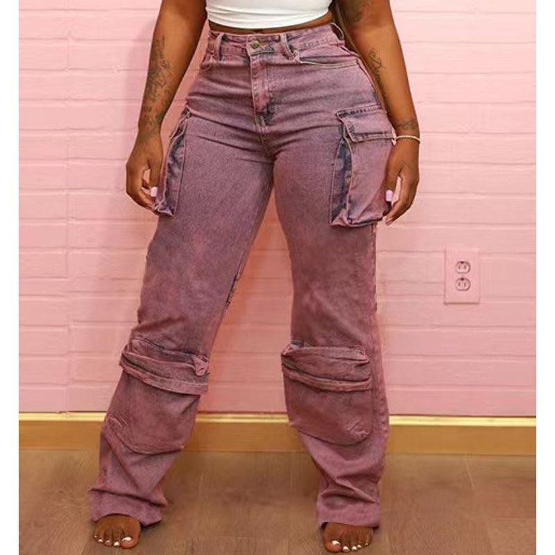 

Jeans Fashion 2023 Tie-Dyed Denim High Waist Straight Patchwork Multi-Pocket Street Trend Tooling Style Trousers for Women Pink S