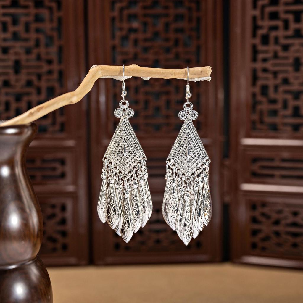 Miao Silver Tassel Dangle Earrings: Ethnic-Style Studs for Women