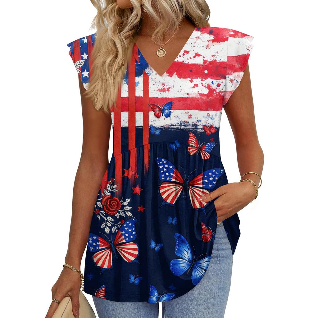 Hauts pour femmes T-shirt à manches courtes tendance col en V manches à volants Blouses professionnelles