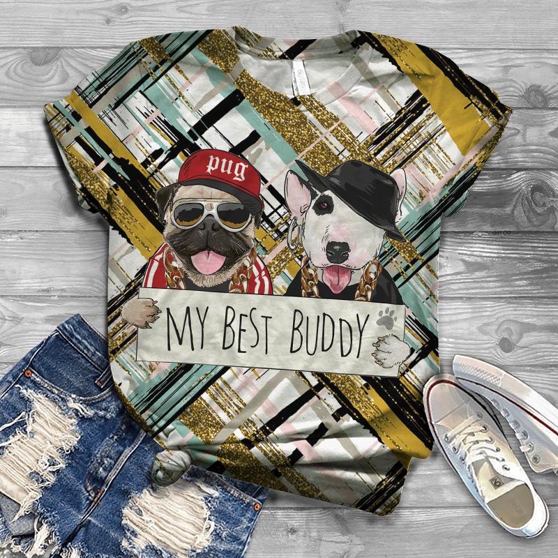 Summer New Printed Short Sleeve Top for Women, Round Neck 3D Dog Printed Women's T-shirt