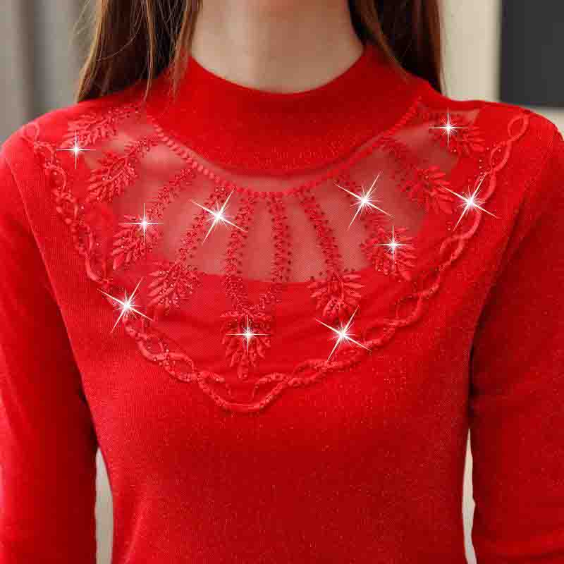 Spring Summer Lace Shirt Women's Wild Slim Bottoming Shirt Large Size Half High Collar Thin Diamond Top